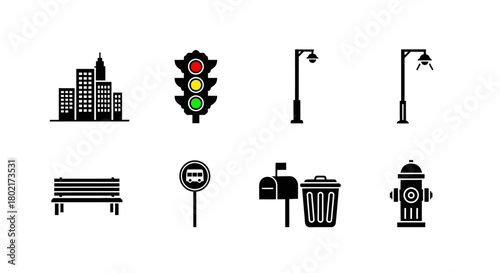 City icon set: traffic light, bench, fire hydrant, and more in simple design
