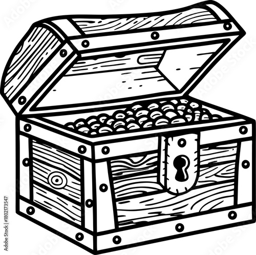 Open wooden treasure chest filled with gold coins vintage pirate container, wealth, fortune and adventure concept