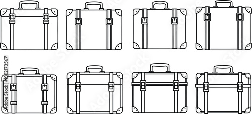 A series of vintage suitcases arranged in a grid pattern black and white