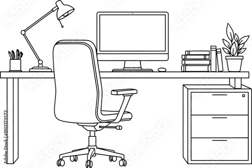 Simple workspace illustration featuring a desk chair lamp and office supplies