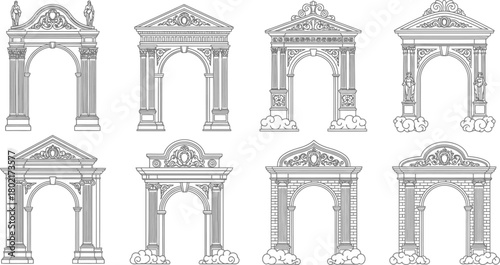 A collection of ornate architectural arches in a detailed black and white illustration