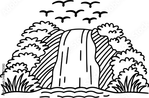 Waterfall cascading in nature flowing water, river stream, lush bushes and flying birds, peaceful natural scene