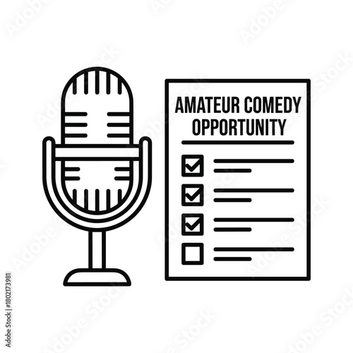 Amateur comedy opportunity event with retro microphone outline icon for live performance or open mic night