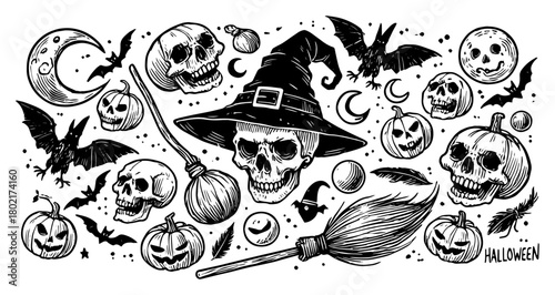 Vintage Halloween sketch vector set Hand drawn illustration of spooky skull pumpkin and bat