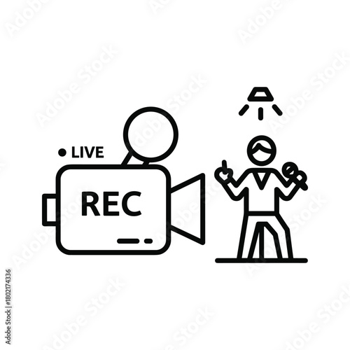 Live broadcast recording icon featuring a performer with microphone under spotlight and video camera displaying rec and live.