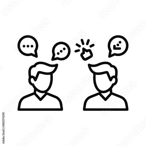 Outline icon of two people conversing, exchanging messages, feedback, and ideas, symbolizing communication and social interaction.
