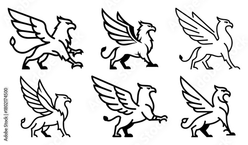 Griffin gryphon heraldic logo icon set Mythical creature collection for emblem design Vector line art