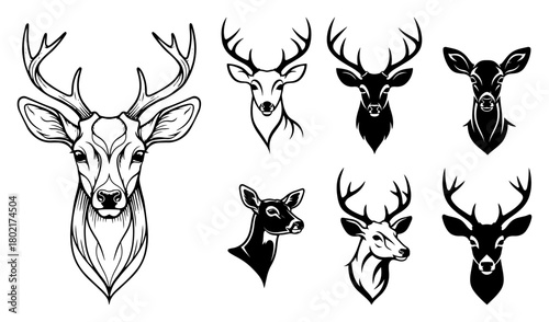 Deer head vector logo and icon set Collection of stag and doe silhouettes and line art