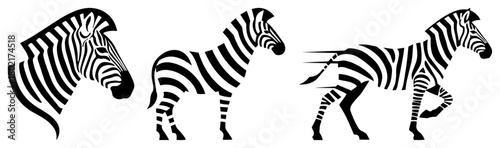 Zebra vector silhouette set Stylized running and standing african animal illustration