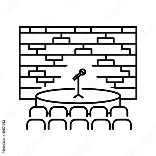 Outline stage with microphone, brick wall, audience seating for stand-up comedy, open mic, live performance venue.