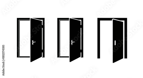 Set of open door silhouettes in minimalist black and white design