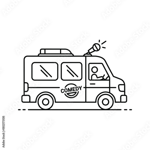 Comedy show event van with roof-mounted microphone and driver, simple outline art illustration for entertainment industry