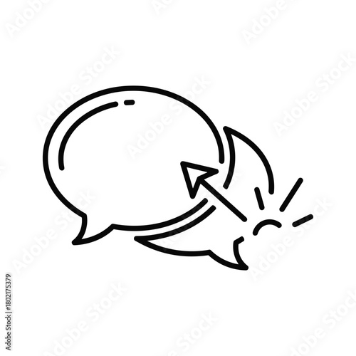 Communication interaction icon with two speech bubbles and a dynamic arrow, representing feedback or conversational flow