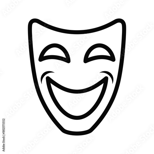 Smiling theatrical comedy mask icon in black outline, symbolizing happiness, performance, theatre, and entertainment.