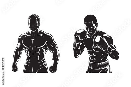 Two muscular men silhouettes one boxing and one posing