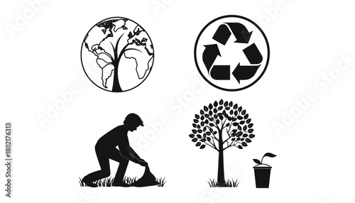 Illustrations depicting earth tree recycle and person planting tree
