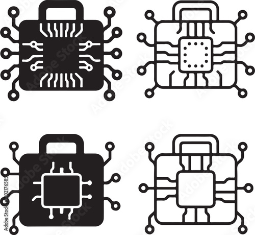 Isolated Toolbox Circuit Icons black vector set, toolbox, tools, repair kit, digital toolbox, minimal circuit, thin stroke, tech toolbox, smart chip, vector isolated for buyers