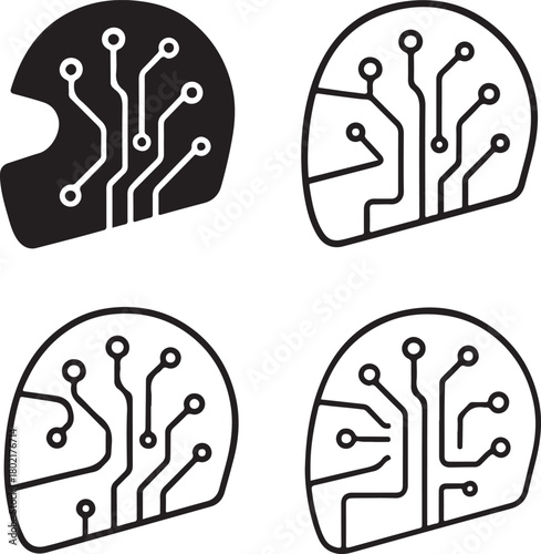 Isolated Helmet Circuit Icons black vector set, helmet, safety, protection, digital helmet, minimal circuit, thin stroke, tech helmet, smart chip, vector isolated for buyers