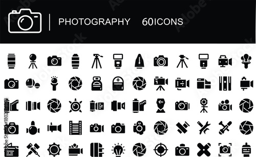Photography camera and video technology concept with black glyph icons set, minimal symbols collection of professional photo equipment, studio work, and artistic process.