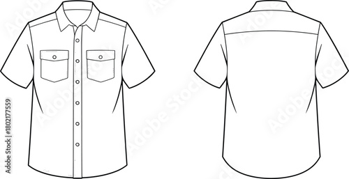 Technical fashion flat sketch of short sleeve button-up shirt, front and back view, chest pockets, classic collar, curved hem, garment construction