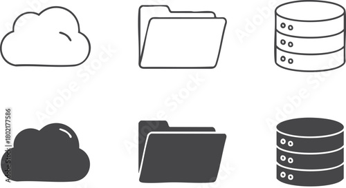 Cloud, folder, and database icons isolated on white background for data storage
