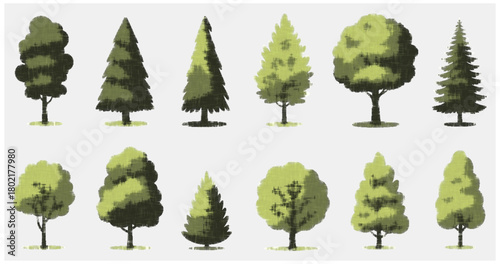 CAD tree line drawing, side view, set of graphics trees elements, tree sketches, silhouette tree vector element, detailed vector collection suitable for architects, landscape designers, garden plannin