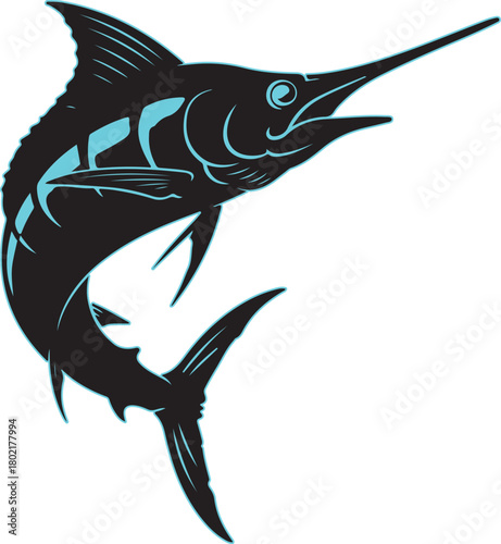 Majestic marlin leaping graphic vector in black and light blue art