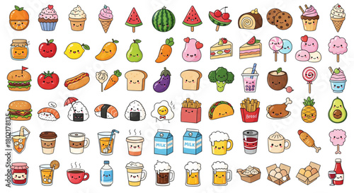 Cute Kawaii Food Icons Set for Web Design Fun Menus Snacks Desserts Drinks Graphics