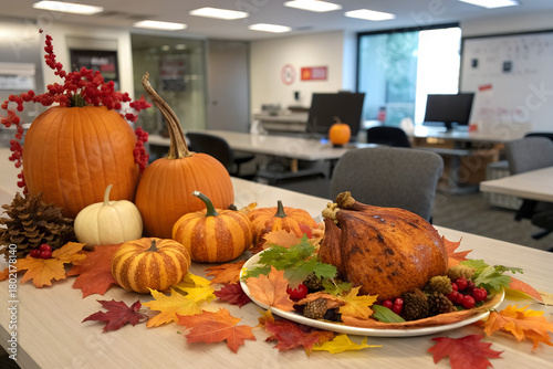 Thanksgiving Office Feast with Roasted Turkey and Pumpkins on Conference Table