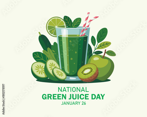 National Green Juice Day vector. Healthy green vegetable and fruit juice vector. Glass of green smoothie icon. Green Juice Day Poster, January 26.