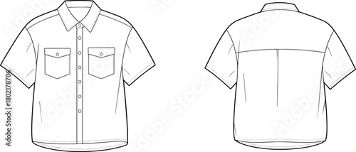 Technical fashion flat sketch of short sleeve button-up shirt, front and back view, chest pockets, classic collar, darts, garment construction, pattern making