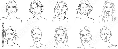 Drawing of a female Face front view line art collection, outline sketch, line art design on white background.