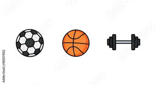 Colorful sports equipment icons featuring soccer ball, basketball, dumbbell