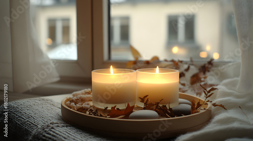 Christmas still life with a glowing candle, spreading warm light and holiday relaxation in the dark night