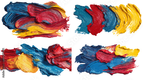 Bold acrylic paint strokes in vibrant red, blue, and yellow textures. Dynamic artistic brush shapes ideal for creative backgrounds, modern design, branding, and expressive artwork.