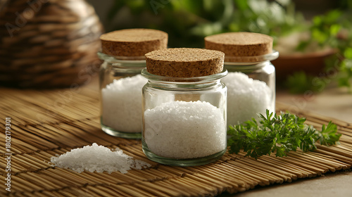 A natural wooden table with salt and pepper shakers, fresh green herbs, and essential oil bottles for a healthy wellness spa