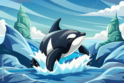 Black and white orca rises dramatically through arctic sea ice vectororca, killerwhale, ice, arctic, sea, breach, cold, mammal, ocean, wil, cold mist swirling as its dorsal fin cuts through frozen air