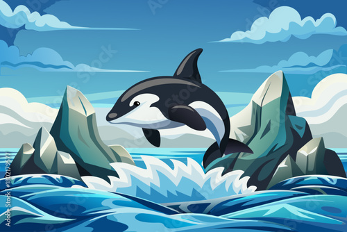 Black and white orca rises dramatically through arctic sea ice vectororca, killerwhale, ice, arctic, sea, breach, cold, mammal, ocean, wil, cold mist swirling as its dorsal fin cuts through frozen air