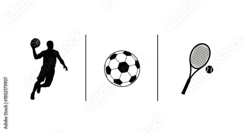 Sports icons: basketball silhouette, soccer ball, tennis racket and ball