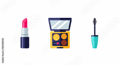 Flat design makeup essentials: lipstick, eyeshadow, mascara icons on white background