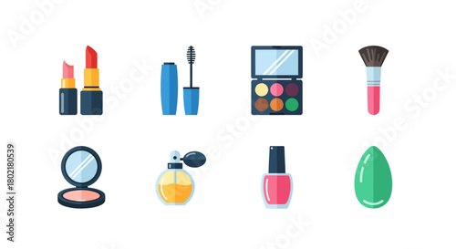 Colorful makeup icons set featuring lipstick, mascara, and nail polish in flat style