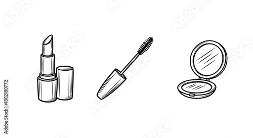 Minimalist makeup essentials: lipstick, mascara, and compact mirror