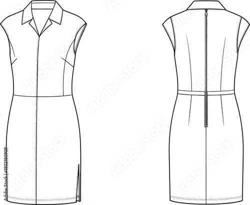 Technical fashion flat sketch of women’s cap sleeve dress with collar, front slit, zipper back, front and back view, garment illustration