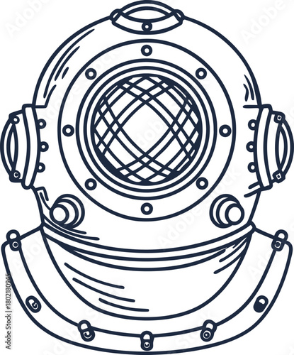 Vintage deep sea diving helmet illustration, retro marine exploration gear, underwater adventure equipment