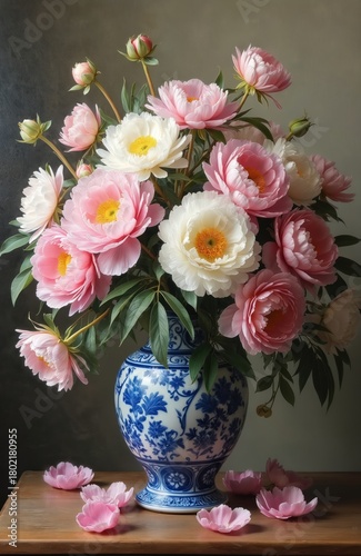 Wallpaper Mural Pink and white peonies in blue and white vase on table. Floral arrangement with green leaves and petals on wooden surface. Beautiful blooming flowers inside, soft lighting. Torontodigital.ca