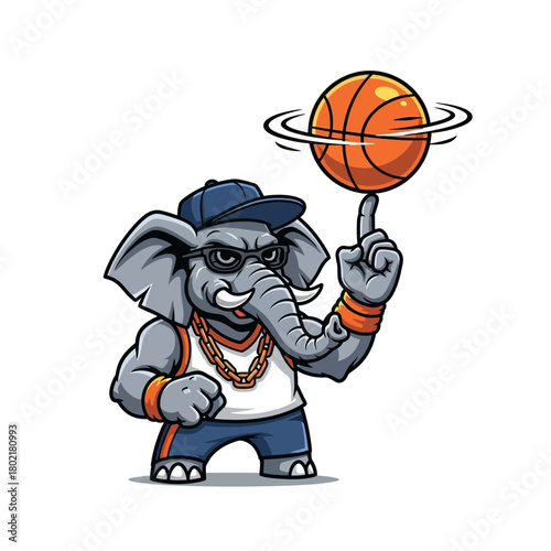 Elephant basketball player mascot spinning a ball in hip hop street style, isolated vector cartoon.
