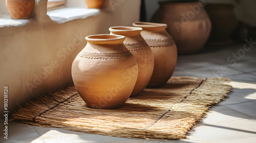 Traditional handmade brown clay pottery jug and milk pitcher isolated on a rustic wooden table