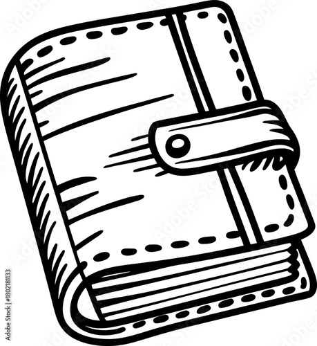 Closed leather bound notebook with strap hand drawn sketch, vintage diary or journal, personal organizer illustration