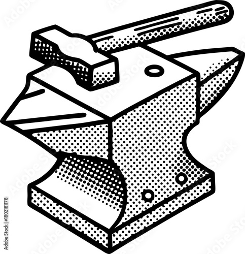 Heavy metal anvil and hammer illustration classic blacksmith forging tool, vintage engraving icon