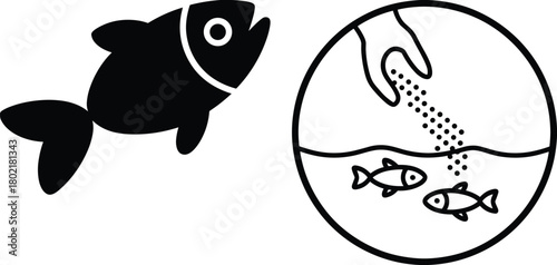 Fish silhouette and aquarium feeding illustration showing hand sprinkling food to small fish in water, simple aquatic pet care graphic design